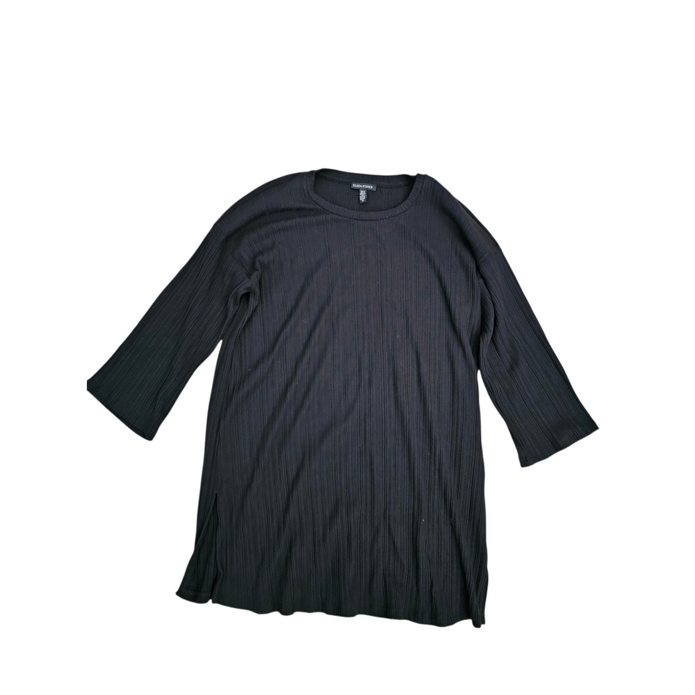 Eileen Fisher Black Ribbed Tencel Lyocell Tunic Top 3/4 Sleeve Side Slit Small